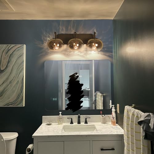 Image of 23 inch Matte Black Vanity Light Smoked Hammered Glass Wall Sconce 3-Light Grey Lampshade Wall Lamp for Hallway Living Room Stairwell Bathroom Over Mirror