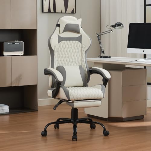 I0I&I0I Silla ergonómica para videojuegos con reposapiés, soporte lumbar y cojín cervical para oficina en casa, oficina, juegos y transmisiones en vivo, sesión de confort (blanco + gris + PVC + ABS +