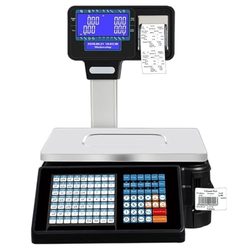 商業用バーコード計量秤 レシートプリンター付、30kg容量 デジタル価格ラベル印刷秤、小売店向け両面LCDディスプレイ 63ショートカットキー搭載