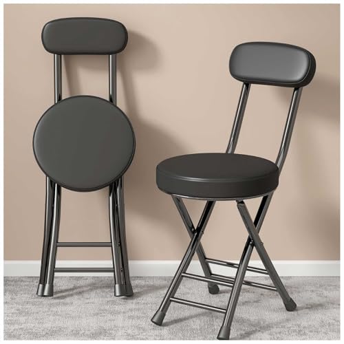 Tragbare Klappstühle mit Leder gepolsterter Sitzfläche und Rückenlehne, rund, gepolstert, Frühstückshocker für Küche, Esszimmer, Büro, faltbarer Barhocker, schwarz