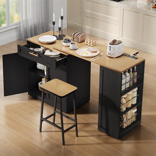 YITAHOME 67 inch Kitchen Island with Seating & Extendable Dining Table, Mobile Storage Islands with 2 Chairs, Rolling Expandable Island with Power Outlet, 3-Tier Spice Rack, L-Shaped Cart (Black)