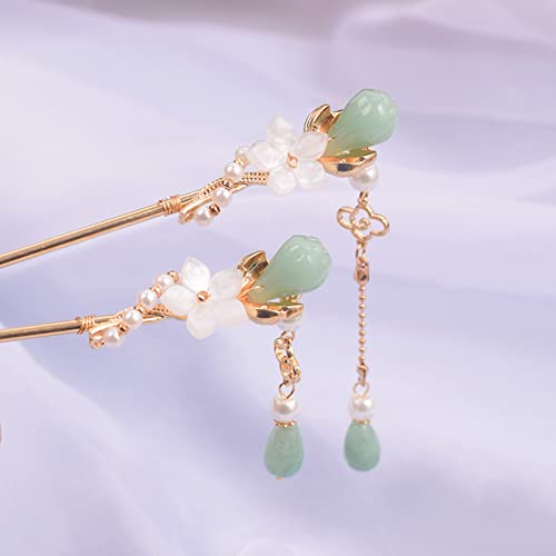 2 Pcs Retro Style Flower Metal Hair Stick Chinese Rhinestone Hair Chopsticks Pearl Tassel Hair Clips Accessories for Long Hair Women