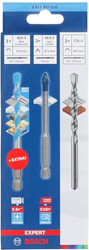 Bosch Professional 5-teiliges Bohrer-Set EXPERT HEX-9 HardCeramic & 1x EXPERT HEX-9 MultiConstruction (für Keramik, MultiConstruction, Ø 6 mm, Zubehör für Bohrer/Schraubendreher)