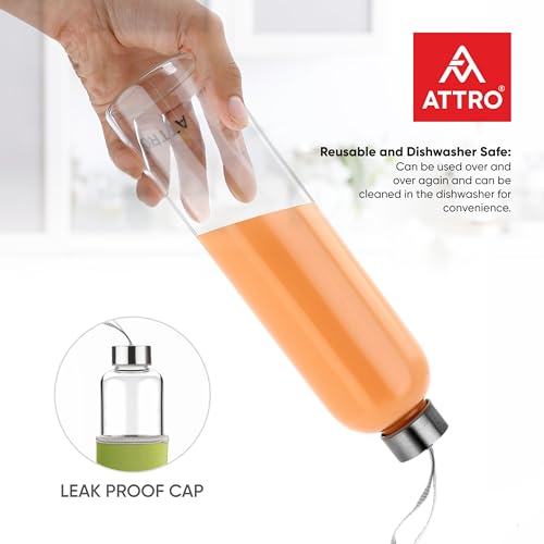 Image of ATTRO Prime Glassox Aqura Glass Water Bottle, Leakproof, Set Of 3-Green-750ml