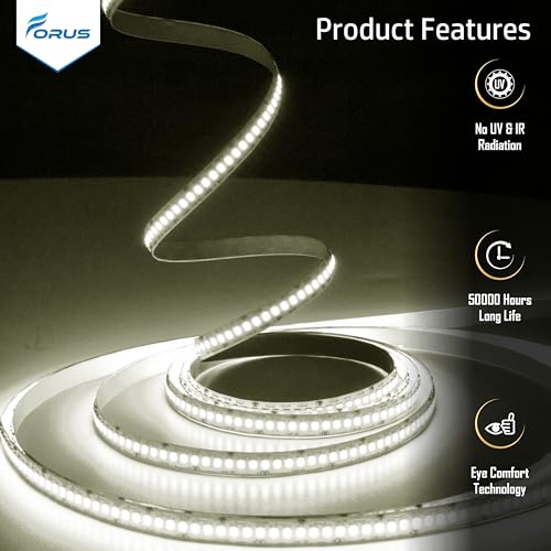 Image of Forus 5 Meter (5M) 10MM Natural White LED Strip Light, 240 LEDs /M Plug & Play Flexible Lighting for Home Decor, False Ceiling, Pooja Room, Living Room, Kitchen, Mirror, Stairs, 2-Year Warranty