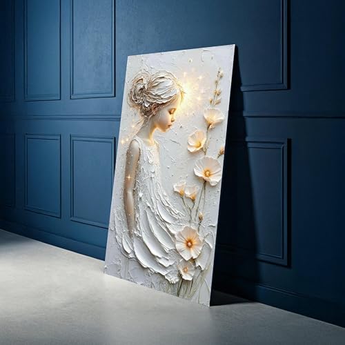 Toile jeune fille éthérée aux fleurs décoration murale tons neutres