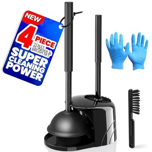 Denvlex 4-Piece Toilet Brush and Plunger Set, Extended Handle Plunger,Toilet Bowl Brush Plunger Set,Bathroom Cleaning Tools,Cleaning Brush,Cleaning Supplies,Toilet Brush Plunger Combo,Black（20inch）