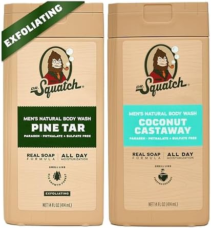 Dr. Squatch NEW Body Wash for Men with Nourishing, Natural Ingredients | No Paraben, Phthalate, Sulfate | All Day Moisture | Long Lasting Scent | Pine Tar & Coconut Castaway (14 oz, 2-Pack)