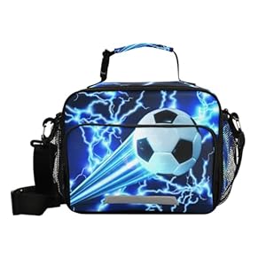 ALAZA Soccer Kids Lunch Box, Blue Lightning Lunchbox Insulated Reusable Meal Container Lunch Bag with Shoulder Strap for School Girls Boys
