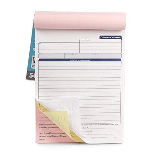 Blue Summit Supplies Contractors Invoice Book, 3 Part Carbonless Forms With White, Yellow, And Pink Copies, Work Order Receipt Book With Blank Invoice Sheets, 8-3/8 X 11-5/8 Inch, 50 Pack #TOP6