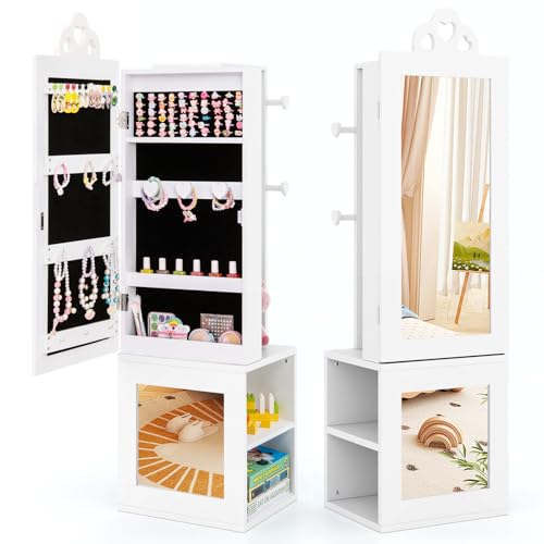 DREAMADE 4-in-1 Schmuckschrank mit Spiegel und Kleiderständer, Ablage für Kinderzimmer (Weiß), Freistehender Standspiegel für Kinder ab 3 Jahren