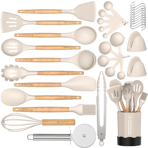 Image of Kitchen Cooking Utensil Set, Fungun 35 pcs Cooking Utensils - Nonstick Kitchen Utensils Cookware Set Spatula Set -Kitchen Gadgets Utensils Set, Kitchen Tools Gift-khaki