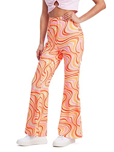 Wdirara Women's Marble Print Elastic High Waist Flare Leg Stretch Casual Pants Multicolor M #TOP3