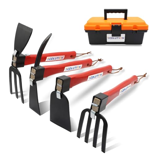 TOOLUTION Gartengeräte-Set mit Werkzeugkasten – 4-teiliges Hochleistungs-Gartengeräte-Set mit Hacke, Rechen, Schaufel und Forke, rutschfeste Griffe für Graben, Jäten und Pflanzen