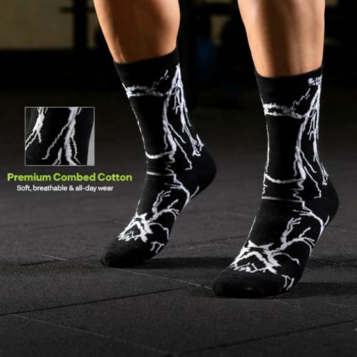Image of Lightning Pattern Athletic Crew Socks, Multicolor Black White Green, Comfort Cushioned Cotton Blend, 5 Pack