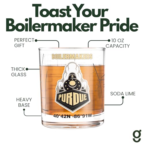 Image of Greenline Goods University of Purdue Boilermakers Whiskey Glasses Set of 2, 10 oz Rocks Glasses with Full-Color Logo & Campus Map - Officially Licensed Bourbon Glass Gift for Alumni & Fans