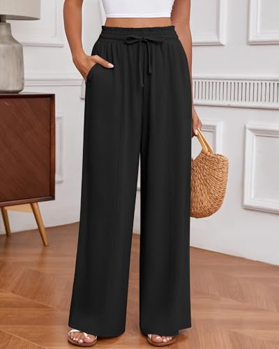 Huukeay Women's Linen Wide Leg Pants, High Waist Flowy Palazzo Pants with Pockets Drawstring Summer Casual Work Trousers(Black,X-Large)4