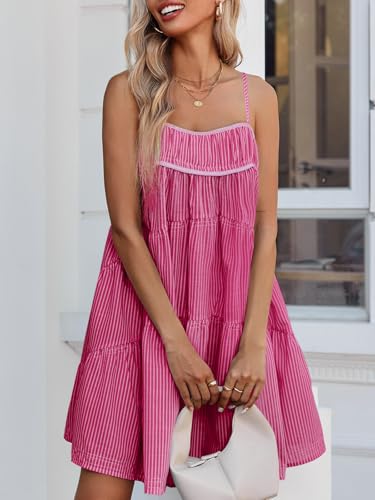 Image of Wenrine Womens Striped Mini Dress Oversized Spaghetti Strap Casual Sleeveless Ruffle Tiered Beach A Line Dress