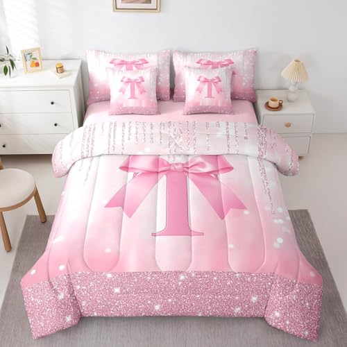 Image of Feelyou Boys Girls Pink Bowknot 7 Pieces Bedding Set Full Size, Personalized Initial T Comforter Set with Sheets Princess Glitter Bed in A Bag Kids Bow Monogrammed Teens Bed Set Bedroom Decor 7Pcs