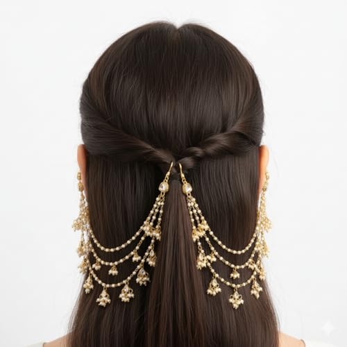 Image of Traditional Gold Plated Alloy Ear Chain Pair with Kundan & Pearl Dangling Design | 3 Layer Bridal Ear Chain for Women