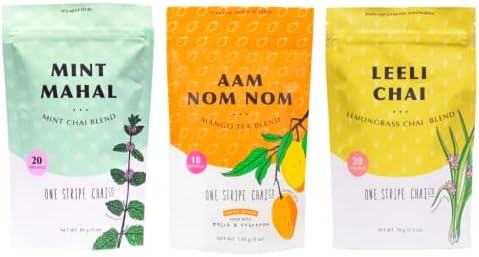 One Stripe Chai, Summer Trio Bundle of Mint Mahal+ Aam Nom Nom+ Leeli Chai, Assam Black Tea, Organic Tea Set, Gift Box, 58 Servings (300 Gram Bags, Pack of Three)