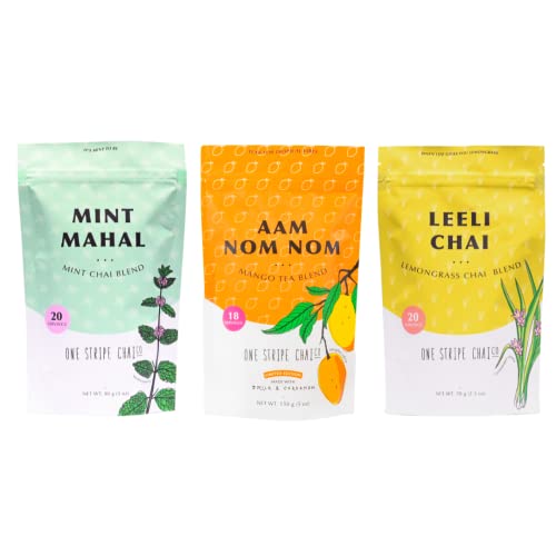 One Stripe Chai, Summer Trio Bundle Of Mint Mahal+ Aam Nom Nom+ Leeli Chai, Assam Black Tea, Organic Tea Set, Gift Box, 58 Servings (300 Gram Bags, Pack Of Three) #TOP3