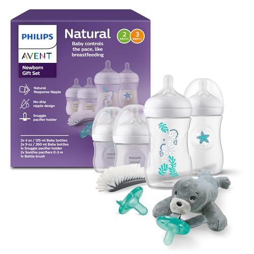 Image of Philips Avent Natural Baby Gift Set, Bottles with Natural Response Nipples, 2X 4oz (Slow Flow, Flow 2) & 2X 9oz (Medium Flow, Flow 3), with Seahorse & Starfish Design, 2X Soothie Pacifiers, SCD838/06