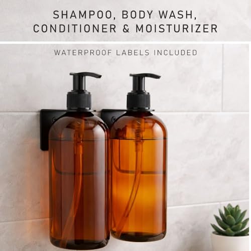 Image of Old Tree Refillable Shampoo and Conditioner Dispenser for Hotel Wall Mounted (Pack of 2, 500ML) | Black Metal Organizer with Plastic Bottles & Matte Black Pump | Dispenser for Bathroom & Kitchen