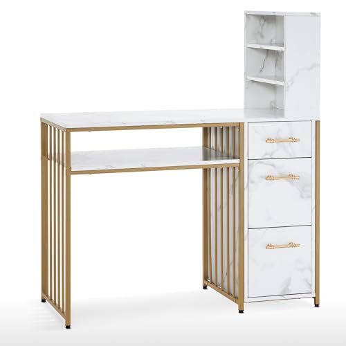BarberPub Manicure Table with Drawers, Marbling Texture Nail Desk with Storage, Spa Beauty Salon Station, Modern Workstation with Open Shelves 2423 (White)