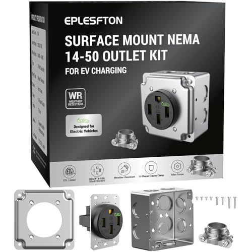 EPLESFTON Nema 14-50 EV Outlet with Surface Mount Box Kit, Weather Resistant 50 amp EV Charging Straight Blade Device Receptacle, 3-Pole 4-Wire Grounding, 50A 125/250V,ETL Listed,Black