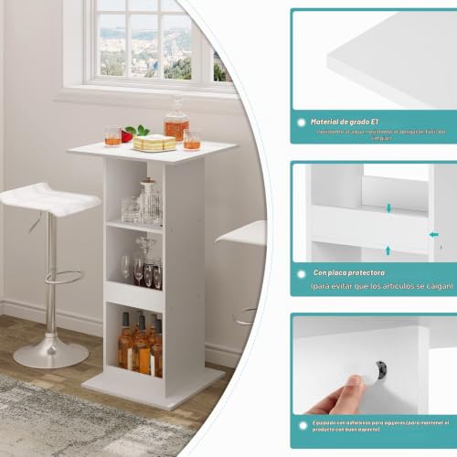 Miniatura 4 de Woltu Mesa De Bar Cuadrada, Mesa Bistró Con 3 Estantes De Almacenamiento, Para Cocina, Mesita Auxiliar Para Salón Y Comedor, 60x60x109cm, Blanco