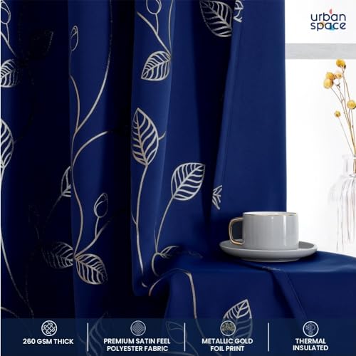 Image of Urban Space 80-85% True Blackout Curtains for Door, Gold Foil Printed Blackout Curtains, Blackout Decorative Door Curtain Eyelet with Tieback, 1 Piece Curtain for Living Room(Leaf Navy Blue, 8 Feet)