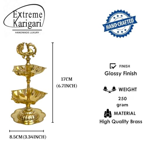 Image of Handcrafted Double Brass Diya with Peacock Design | Traditional Brass Oil Lamp for Puja, Temple & Home Decoration | Antique Finish Deepak for Festivals (Double Diya)