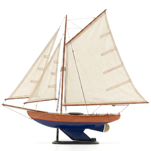NAUTIMALL Barca a vela in legno da 66 cm, modello bermuda sloop, fatta a mano, nautica, moderna, decorazione per la casa (blu)