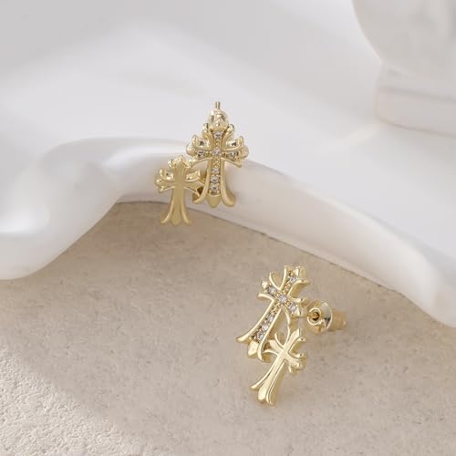 Gold Cross Earrings for Women 14K Gold Double Piercing Cross Earrings Diamond Stud Earring 6