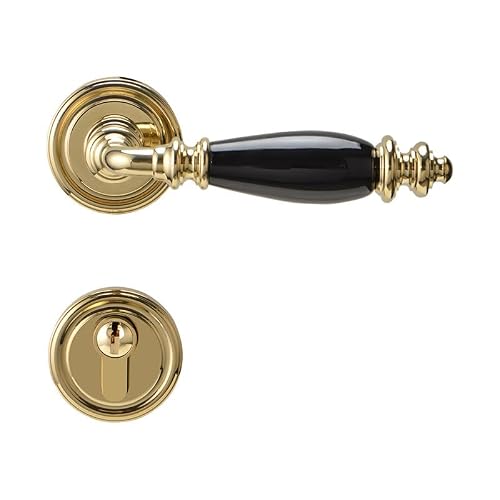 Kxaoxgrc Gold European Door Handle Set, Indoor Copper Door Lock Ceramic Handle Sets, Multicolor