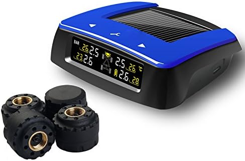 VESAFE Universal Solar TPMS, Wireless Tire Pressure Monitoring System with 4 DIY External Cap Sensors(0-6Bar/0-87Psi), Real-time Display 4 Tires' Pressure and Temperautre. (Color Display)