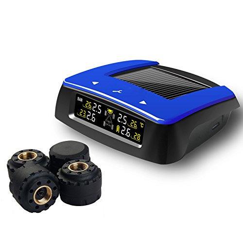 Vesafe Universal Solar TPMS, Wireless Tire Pressure Monitoring System with 4 DIY External Cap Sensors(0-6Bar/0-87Psi), Real-time Display 4 Tires' Pressure and Temperautre. (Color Display)