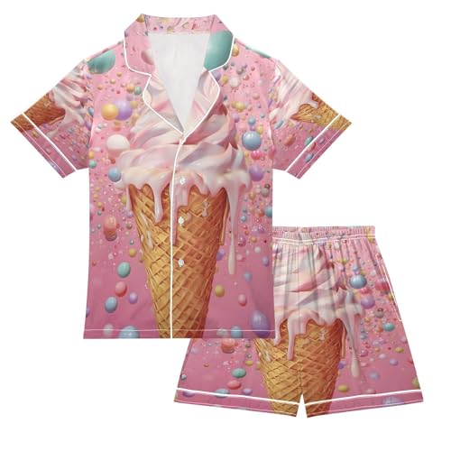 ALAZA Lovely Stylish Ice Cream Satin Pajamas Set Short Sleeve Button Down Sleepwear Summer Pjs 2 Piece