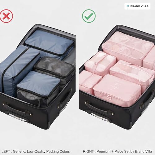 Image of BRAND VILLA 7 Pcs Travel Organizer Set Packing Cubes Luggage Organizer Bags with Shoe Bag, Laundry Pouch & Toiletry Bag for Clothes, Shoes, Accessories, Lightweight Travel Storage for Suitcase (Pink)