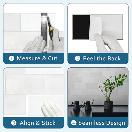 SUNWINGS 100-Sheet Subway Peel and Stick Backsplash Tile, 6" x 3" White Mixed Stone Composite Handmade Looks Self Adhesive Waterproof Wall Tile, Stick on Tiles for Kitchen Bathroom Shower Fireplace by sunwings - Image 4