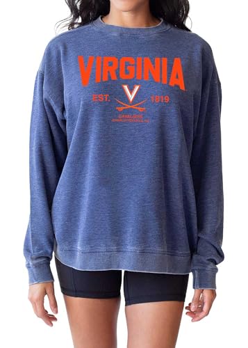 chicka-d Women's Oversized Dropped Shoulder Crewneck Fleece Sweatshirt NCAA Arch Over Icon Team Color, Virginia Cavaliers, Ink, X-Large