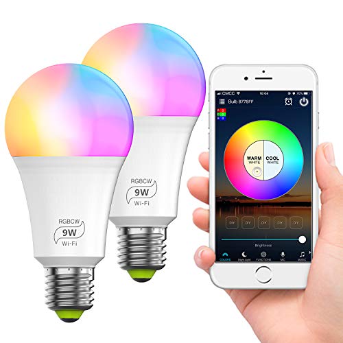 2 piezas Bombilla Inteligente Wifi E27, Bombilla Alexa 16 Millones de Colores se Pueden Ajustar, Perfectamente Compatible Google Home y IFTTT de 2700K~6500K RGB CW Bombillas LED Control por APP (9W)