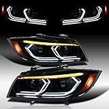 Autozensation Compatible with 2006-2011 BMW 3-Series E90 Sedan/E91 Wagon, Left + Right Pair Headlamps Assembly, Black Smoke Dual Projector Headlights with 3D LED Tube and Dynamic Startup Effect