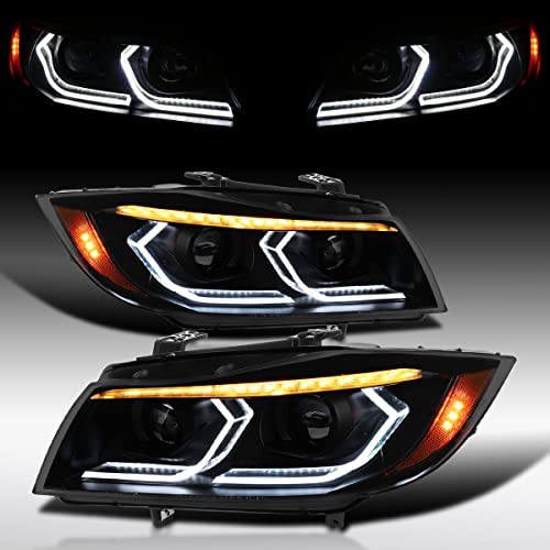 Autozensation Compatible with 2006-2011 BMW 3-Series E90 Sedan/E91 Wagon, Left + Right Pair Headlamps Assembly, Black Smoke Dual Projector Headlights with 3D LED Tube and Dynamic Startup Effect