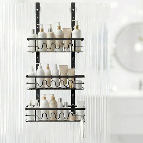 Image of HomeVC 3-Tier Hanging Shower Caddy, Adjustable Bathroom Storage Organizer with Suction Cups & Hooks, Rust-Resistant, No Drilling, Over Door Shelves for Shampoo, Soap, Toiletries (Black)