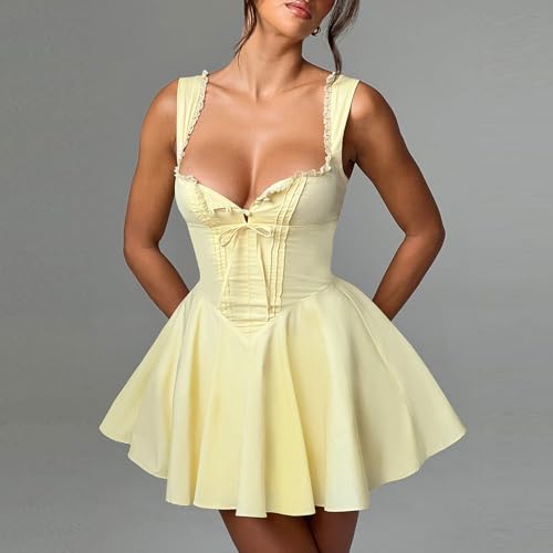 Image of Aopwsrlyi Women Sexy Corset Mini Dress Sleeveless Backless Ruffle A Line Mini Dress Summer Going Out Party Club Dress