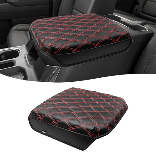 KBH Center Console Armrest Cover for Chevy Silverado & GMC Sierra 2019-2026, Tahoe & Suburban & Yukon 2021-2026 Bucket Seat, Vinyl Leather Trim, Black-Red Double Stitch