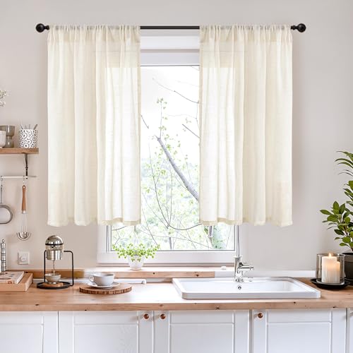Image of BGment Beige Linen Semi Sheer Curtains 42X40 Inch Length 2 Panels | Cream Light Filtering Drapes with Rod Pocket Textured for Bathroom Kitchen Window Over Sink
