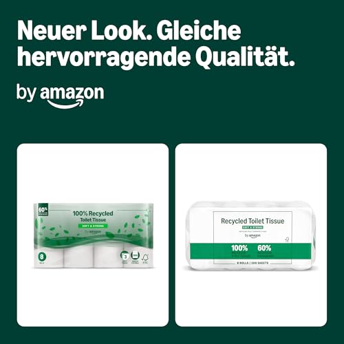 by Amazon Recyceltes Toilettenpapier, 100% recycelte Fasern, 3-lagig, 200 Blatt, 48 Rollen (6 Pack à 8 Rollen), FSC-zertifiziert